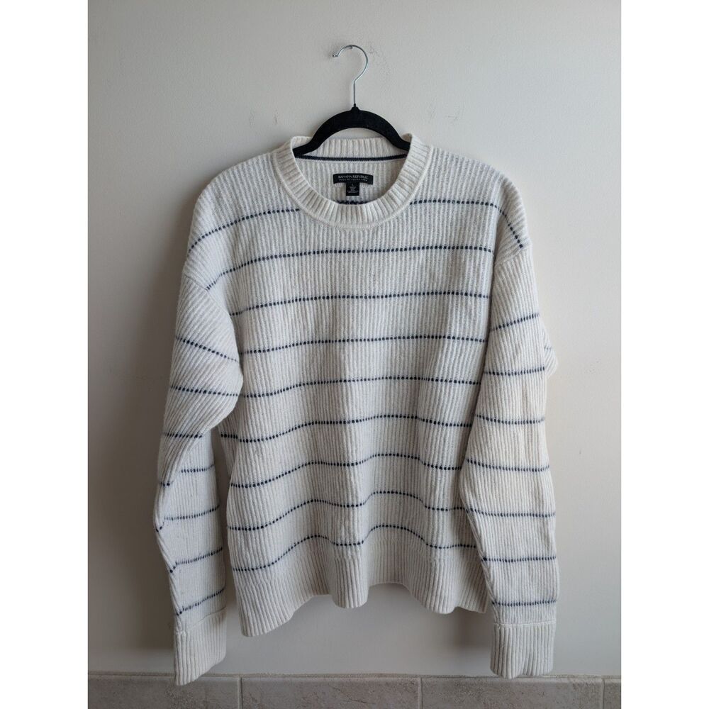 Banana Republic Men's L Italian Recycled Wool Blend Sweater Ivory Navy Striped